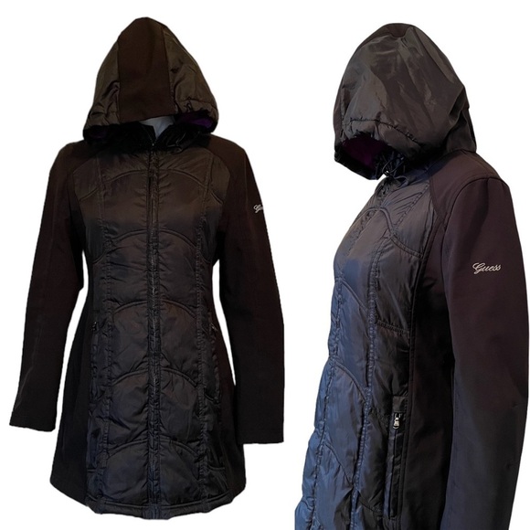 Guess Mid-Length Black Hooded Winter Zip-Up Jacket Women’s Medium - Picture 14 of 14